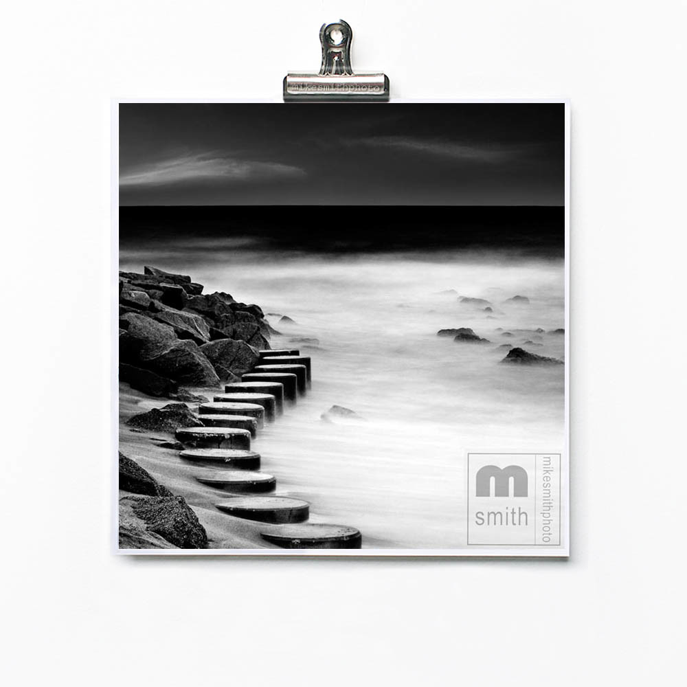 Black and white seascape photo print. Fine art photography by mike smith of Wilmington NC. Jetty no1 limited edition art prints. Nautical beach wall art decor.